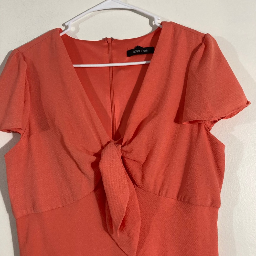 BCBG Paris Tie Front Midi Dress Womens Medium Coral Pink Short Sleeve - Picture 2 of 12